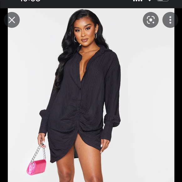 PrettyLittleThing | Dresses | Black Textured Gathered Detail Long Sleeve  Shirt Dress | Poshmark